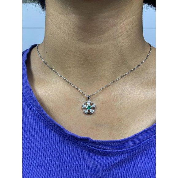 Real Diamond Flower Emerald Pendant 14K White Gold